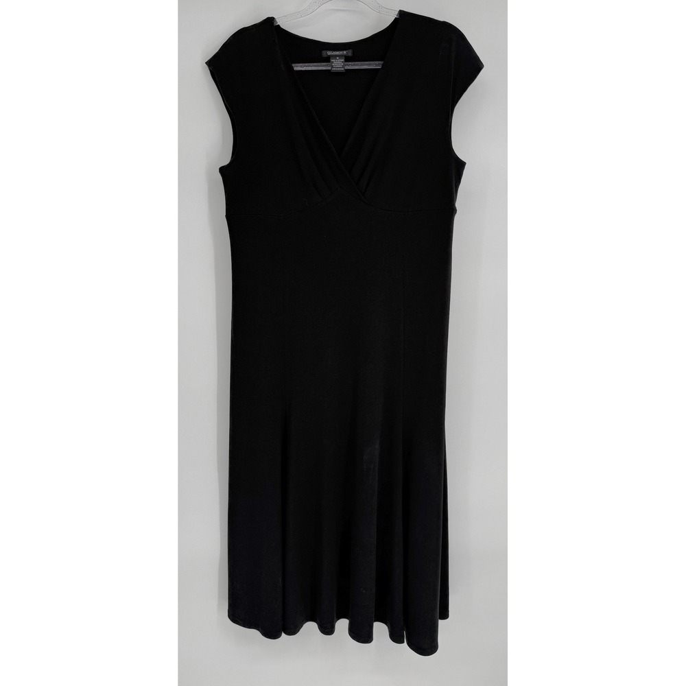 Glamour Black V-Neck Cap Sleeve A-Line Midi Dress Sz 16 Stretch Jersey LBD